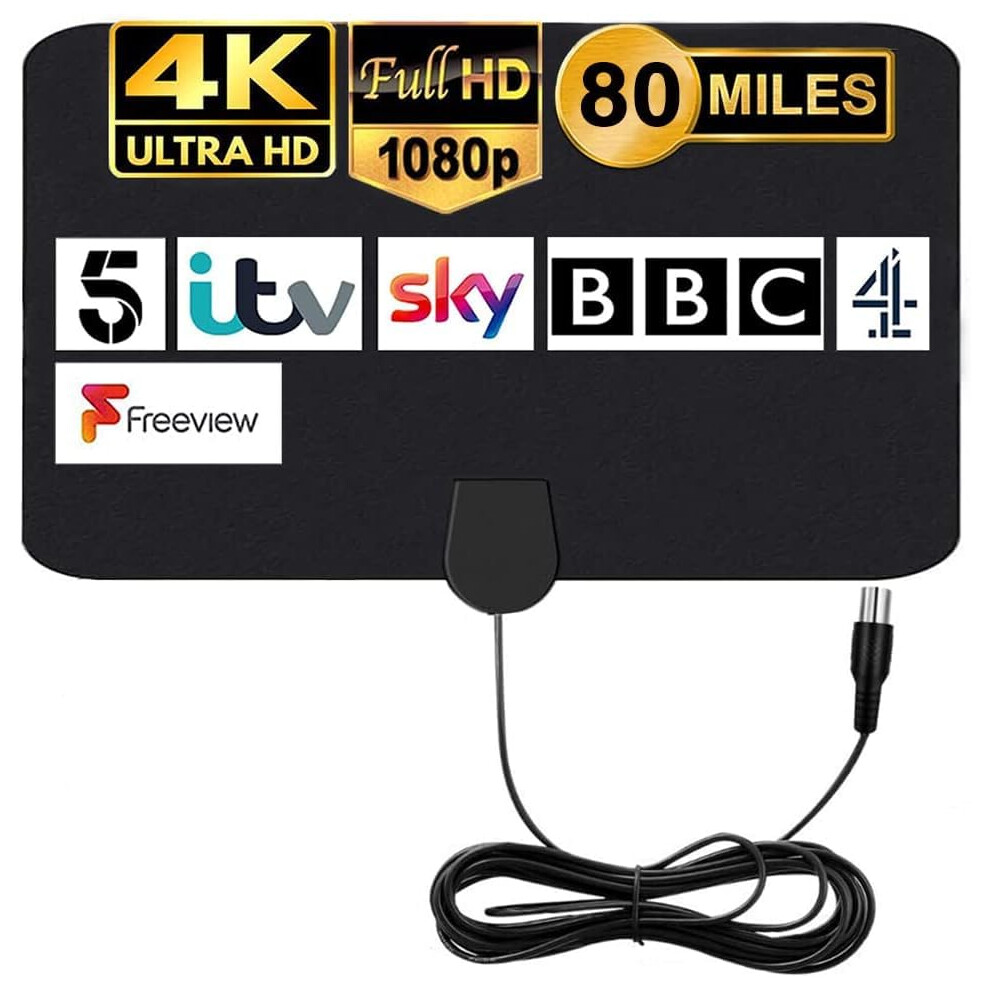 Miliwan Indoor Tv Aerial 80 Miles Digital Hdtv Antenna Freeview Vhf Uhf 4K 1080P For Local Channels Support All Television Â 12.2Ft Coax Cable 81331307