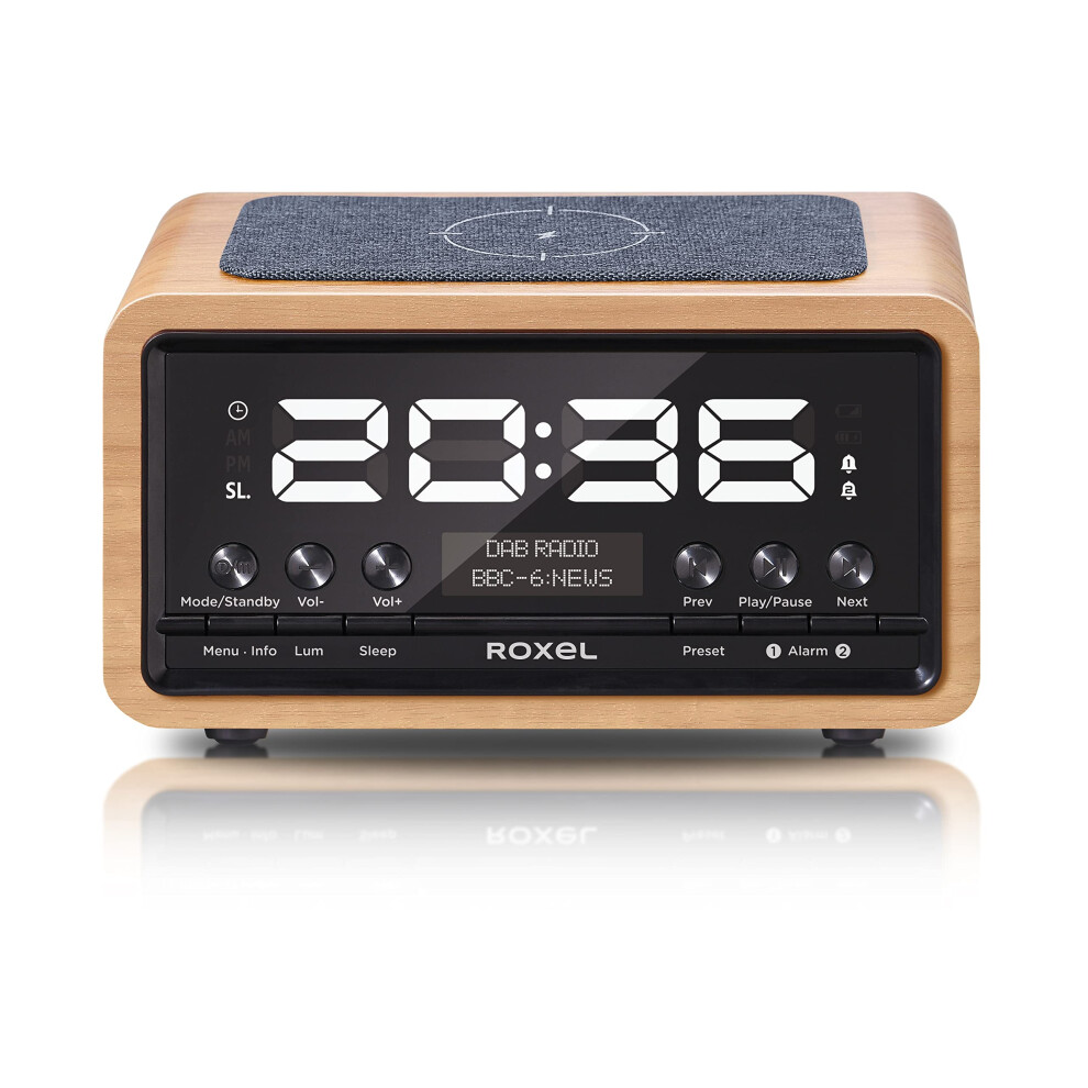 Roxel Nod Bedside Radio, Dab/Dab+ & Fm Radio, Alarm Clock, Wireless Phone Charging, Large Digit Display, Dual Bedside Alarm Clock With Wireless Strea