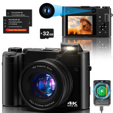 Digital Camera 4K 64MP Autofocus Vlogging Camera for Youtube with SD Card, Front and Rear Dual Cameras with 16X Digital Zoom Anti-Shake, 2 * Batterie