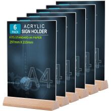 Srvnpioy Acrylic Sign Holders A4 Table Stands (Pack of 6) T-Shape Wooden Base Menu Holders for Restaurants School Office - A4 Display Stands for Me...