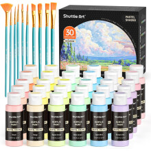 Shuttle Art 40 Pack Pastel Acrylic Paints Set, 30 Colours with 10 Paint Brushes, 60ml/2oz Bottle, High Viscosity, Waterproof for Painting & Craftin...