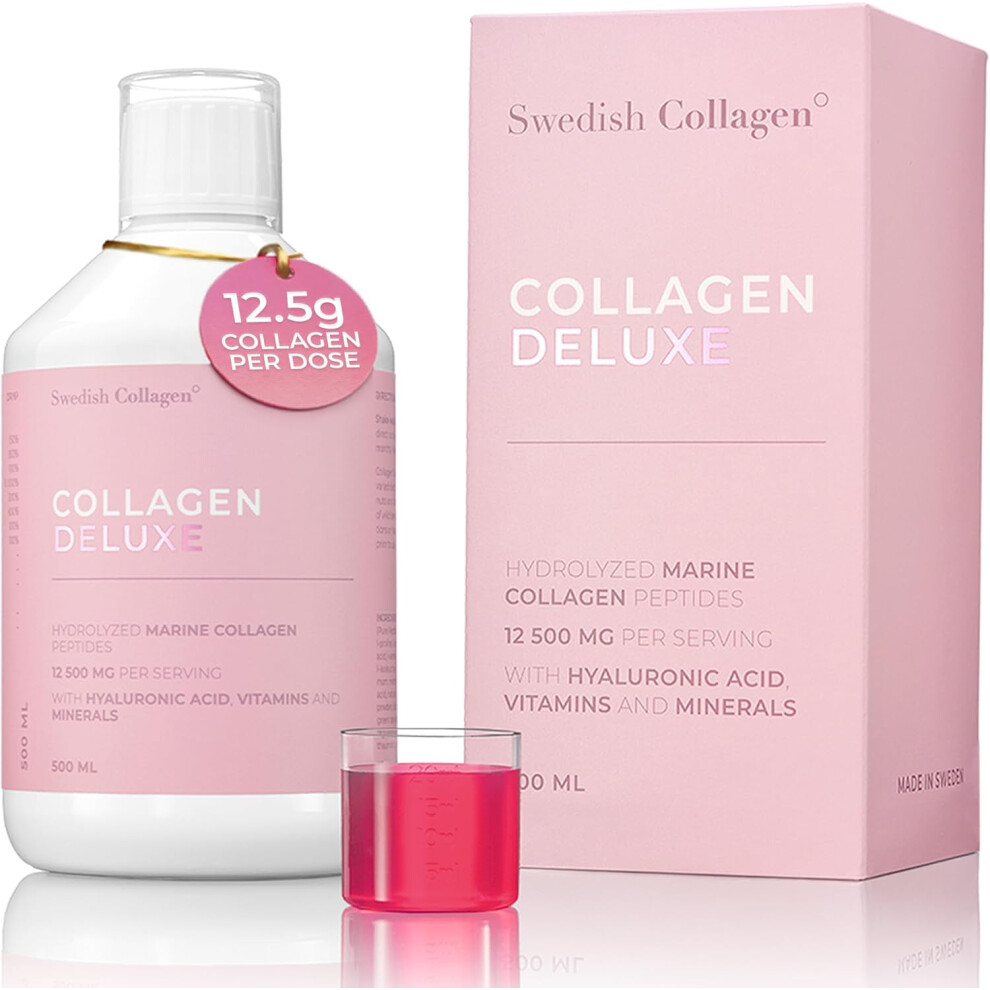 Swedish Collagen Deluxe | 12,500 Mg Hydrolysed Marine Collagen Liquid Supplement - 500 Ml, 20 Day Supply | Hyaluronic Acid, Biotin And Vitamin C Fo...
