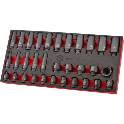 Britool Hallmark 32pc Standard & Deep Impact Socket Set (12-Point) 7-22mm - 3/8" Drive MSDPBSET32