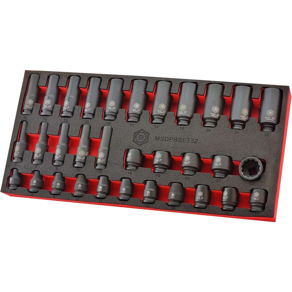 Britool Hallmark 32Pc Standard & Deep Impact Socket Set (12-Point) 7-22Mm - 3/8" Drive Msdpbset32 5060960271235