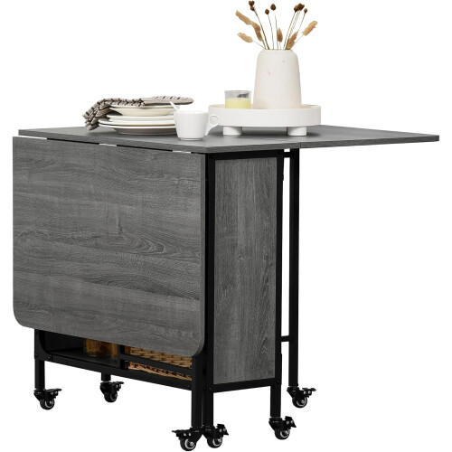 Homcom HOMCOM Mobile Drop Leaf Table, Folding Dining Table with 6 Wheels & Storage Shelf for Small Spaces, Kitchen, Dining Room, Grey