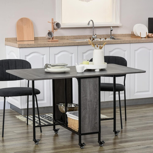 Homcom HOMCOM Mobile Drop Leaf Table, Folding Dining Table with 6 Wheels & Storage Shelf for Small Spaces, Kitchen, Dining Room, Grey 1