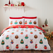 (Double, White) Catherine Lansfield Christmas Party Robins Duvet Cover Set Bedding Bed Set White
