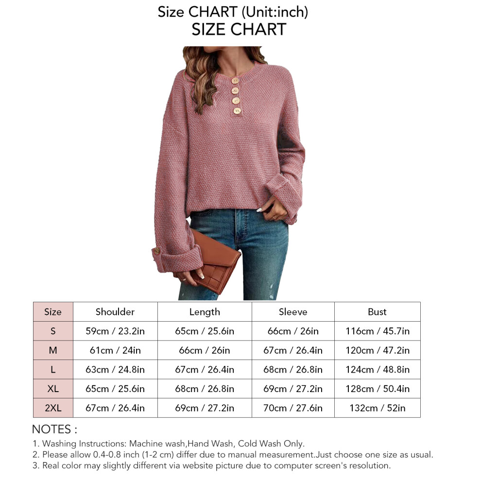 Pink Knit Button Collar Sweater, Drop Shoulder, Long Sleeve, S-2XL-image-OPC-PMGVHZG-NEW