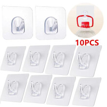(Clear, 10pcs) Transparent Self Adhesive Hooks, 10pcs  Strong Sticky Hooks, Key Storage Hanger for Kitchen Bathroom Door Wall