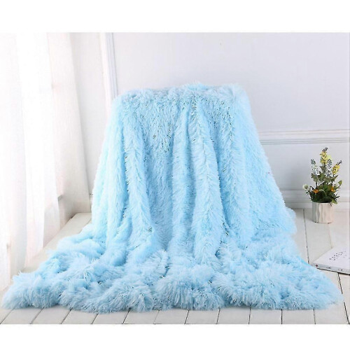 (As show, Bean Paste Pink) SNQTV-Long Plush Blanket Solid Color Soft Nap Bed Cover Sleeping Throw