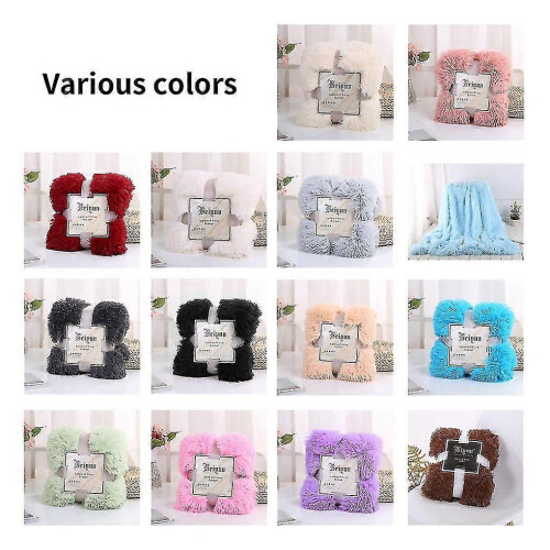 (As show, Bean Paste Pink) SNQTV-Long Plush Blanket Solid Color Soft Nap Bed Cover Sleeping Throw 1