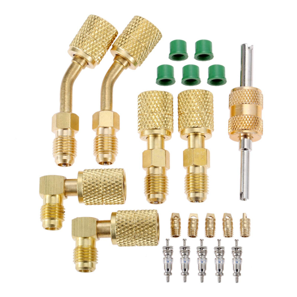 R410a Charging Vacuum Port Adapter Kit 45 Degree Angled 90 Degree Swivel With Core Valves 5/16 To 1/4 Flare Mini Split 9067246359362