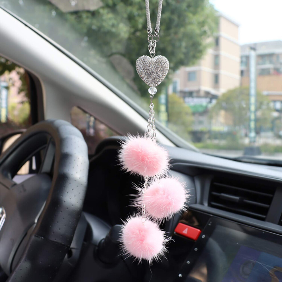 Bling Car Mirror Accessories Heart Crystal Charm Decor Plush Ball Rear View Mirror Ornament Birthday Occasion Pink 9393856670185