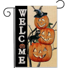 Welcome Halloween Pumpkin Garden Banner, Double Sided Burlap Pumpkin Cat Yard Banner Spooky Halloween