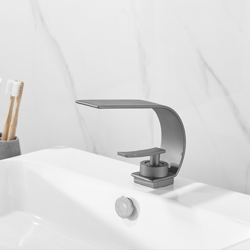 Waterfall Bathroom Basin Mixer Tap For Countertop Basin Single Lever Brass Grey 9067246362959