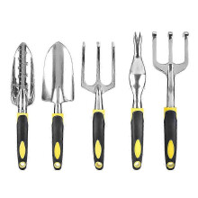 Set of 5 plastic gardening tools: trowel, shovel, spade, rake, yellow