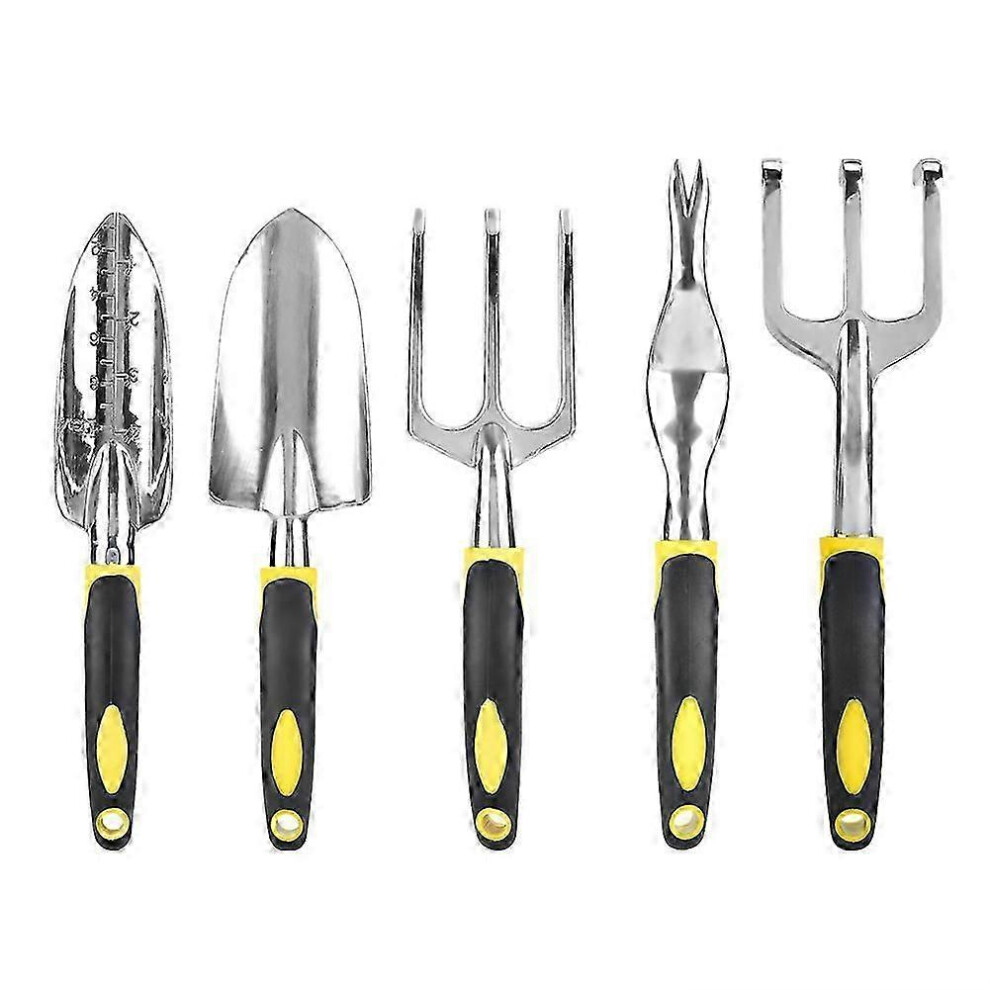 Set Of 5 Plastic Gardening Tools: Trowel, Shovel, Spade, Rake, Yellow