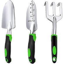 3-piece gardening tool set, including a garden trowel, a transplanting trowel, and a hand rake with