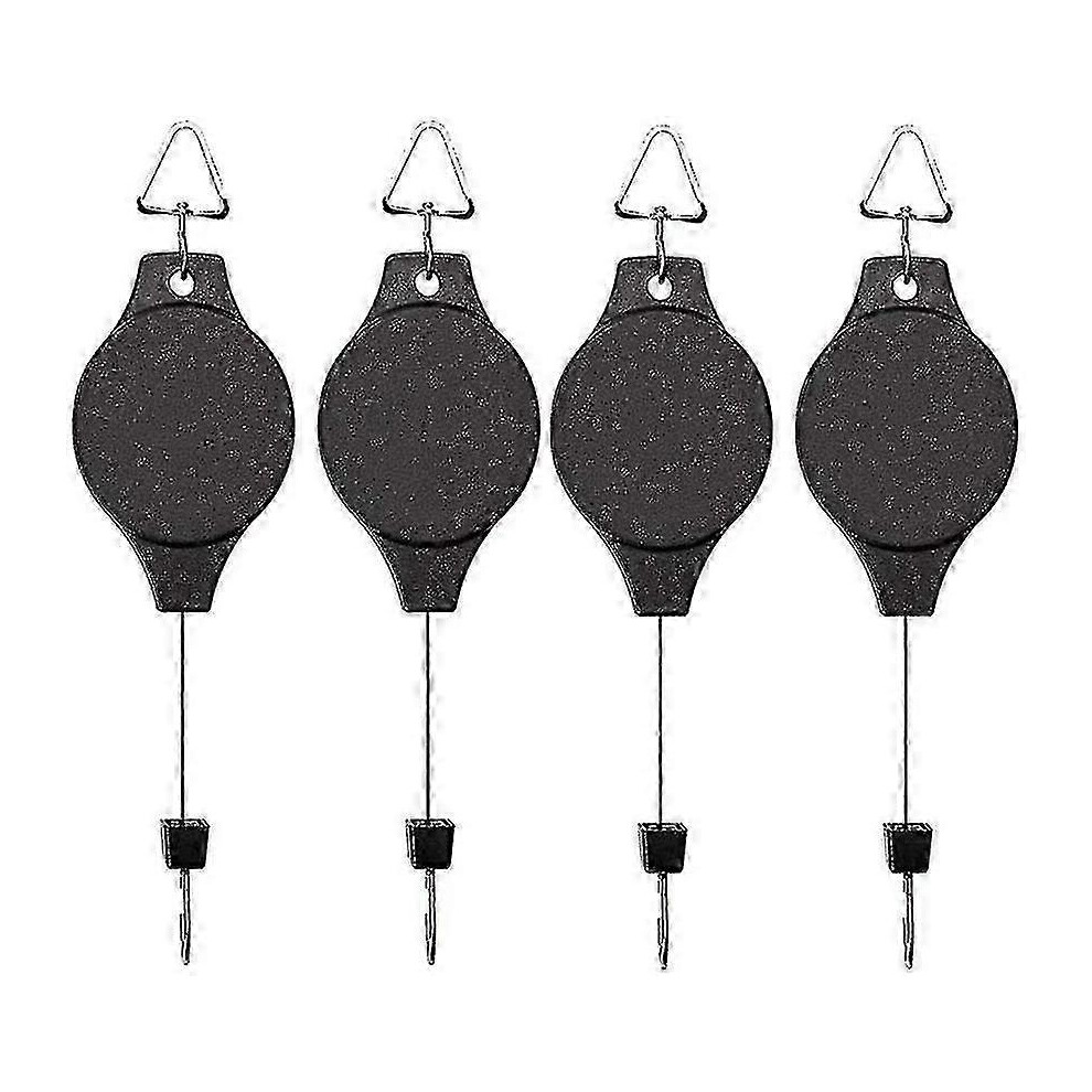 Set of 4 retractable plant hooks, easy-to-reach hanging flower baskets for garden baskets, pots and bird feeders. Hang them up and pull them down.