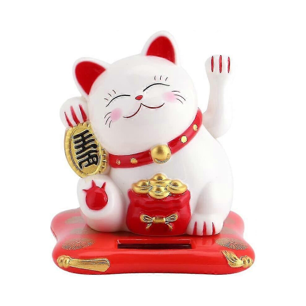 Solar-powered lucky cat, cute cat with waving arms, car decoration, Maneki Neko (white)