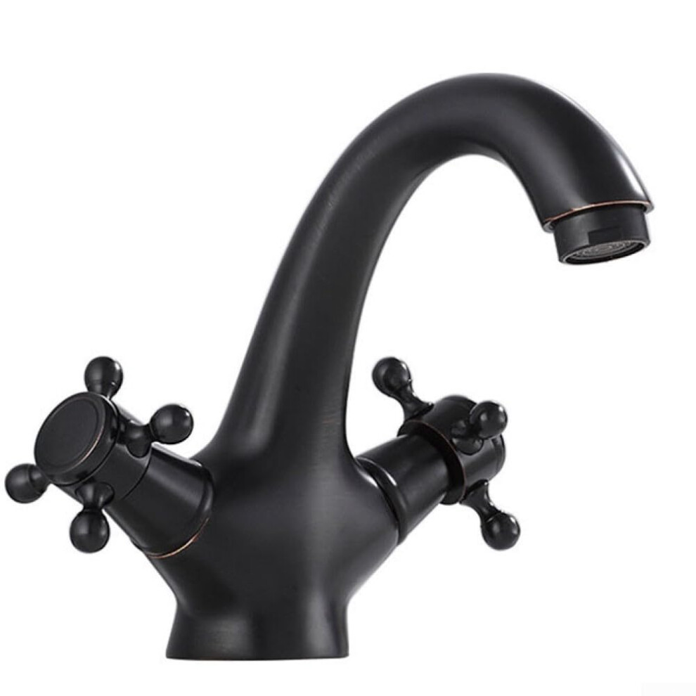 Vintage Double Handle Basin Faucet Brass Construction Black Finish Bathroom Sink Mixer Tap Hot Cold Water Swivel Spout 9084446656381