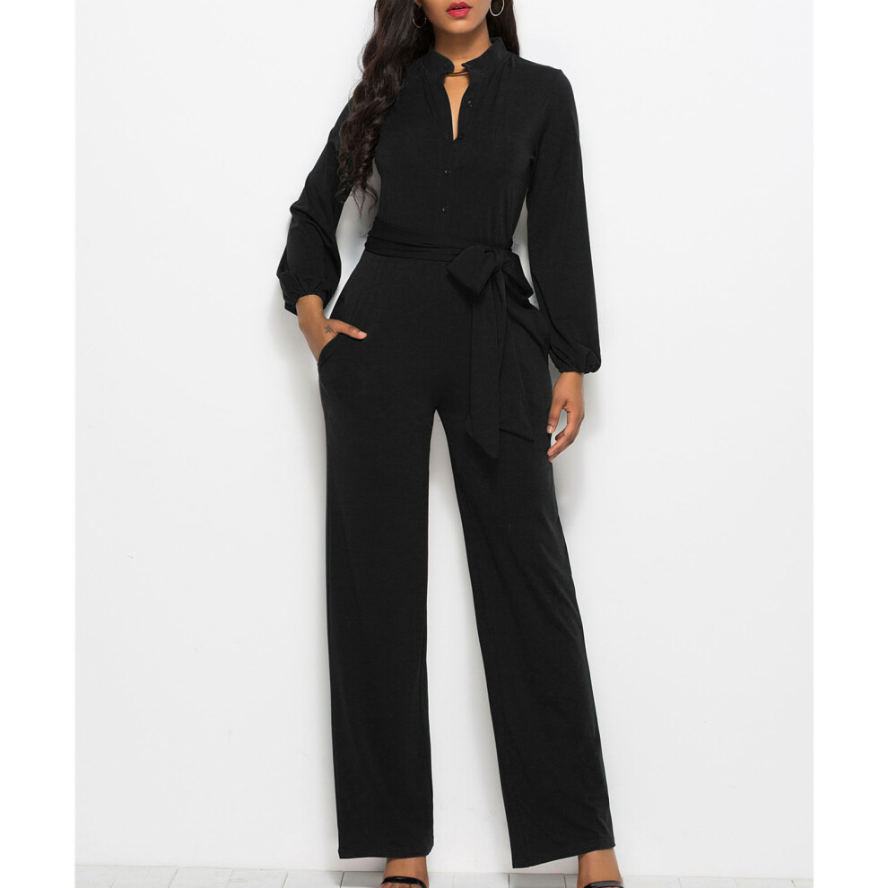 Black High Waisted Wide Leg Jumpsuit with Pockets, M Size-image-OPC-PMGWMK6-NEW