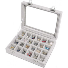 Jewelry Box 24 Compartment Velvet Jewelry Tray Drawer Glass Clear Cover Display Case Display Storage(Grey)