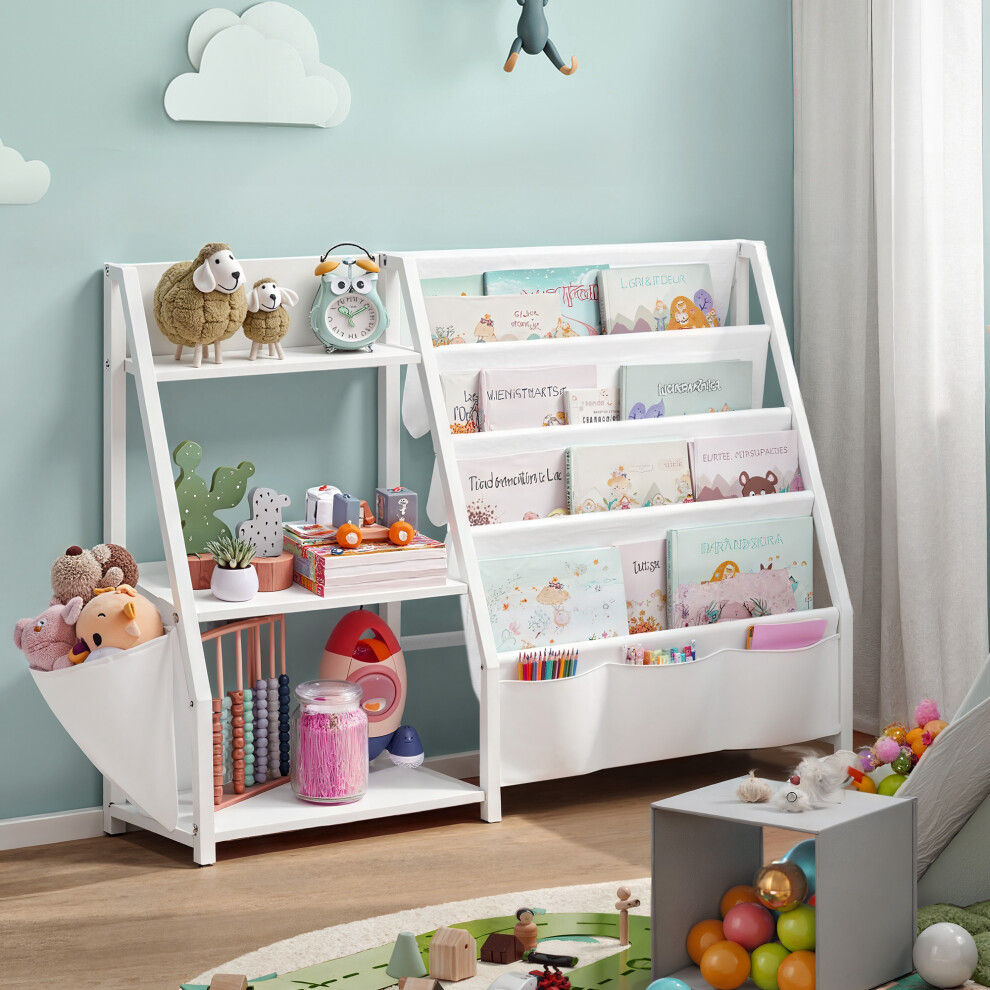 New Songmics Kids Bookshelf, Toy Organiser, With Side Pocket, 75 Cm Tall, For Playroom Or Bedroom White