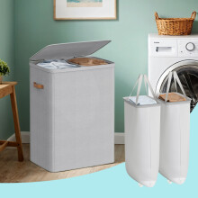 Laundry Basket, 170 L Dual Compartment Laundry Hamper, with Lid and Handles, Removable Liners, Easy Assembly, 56 x 40 x 75 cm, Dove Gray