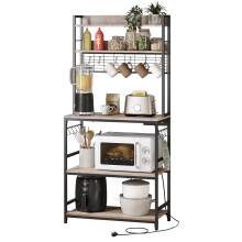 Kitchen Storage Rack with Power Outlet, Coffee Bar, Baker's Rack, with Metal Wire Panel, 14 Hooks, Steel Frame