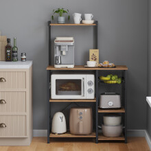 Rack with Shelves, Microwave Stand with Wire Basket, 6 S-Hooks, Kitchen Shelf, Utility Storage for Spices, Pots, and Pans