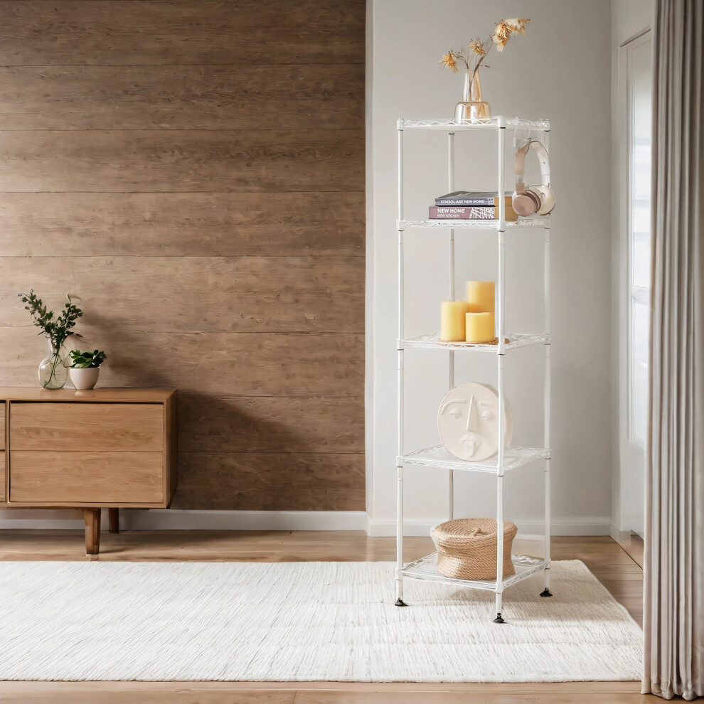 Songmics Bathroom Shelf, Metal Storage Rack, Total Load Capacity 100 Kg, With 5 Pp Sheets, Removable Hooks, 30 X 30 X 123.5 Cm White