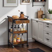 Storage Trolley, 3-Tier Rolling Cart with Table Top, Handles, 4 Lockable Castors, Top Drawer, Mesh Shelves, for Kitchen