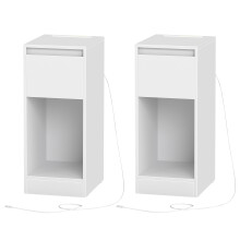 Slim Bedside Tables with Charging Station and LED Light, Set of 2 Narrow Side End Tables, USB Ports, Drawer and Open Compartment