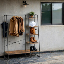 Clothes Rail Clothes Rack with Shoe Rack, 5 Tier Storage Rack, 6 Side Hooks, for Bedroom, Living Room, Rustic Brown and Black