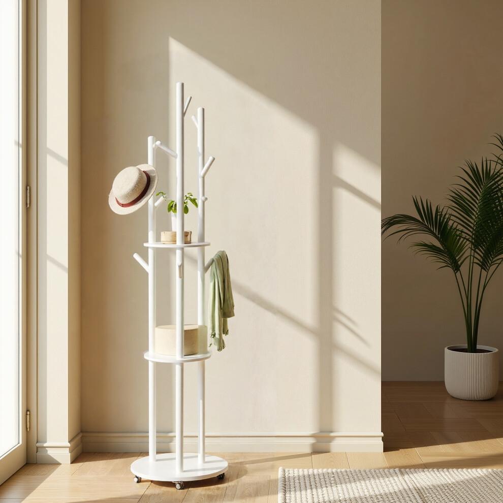 Vasagle Freestanding Coat Rack Stand, Coat Tree With 11 Hooks, 3 Shelves, 4 Removable Wheels, For Hallway, Bedroom, Living Room White