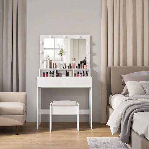VASAGLE Dressing Vanity with Large Mirror, LED Lights, 2 Drawers, 3 Compartments, Modern Makeup Table, White 2