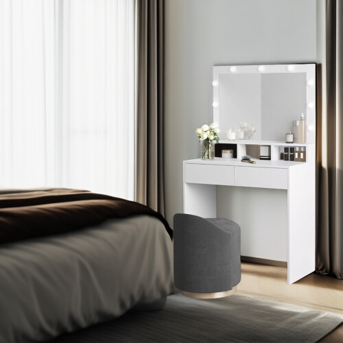 VASAGLE Dressing Vanity with Large Mirror, LED Lights, 2 Drawers, 3 Compartments, Modern Makeup Table, White 1