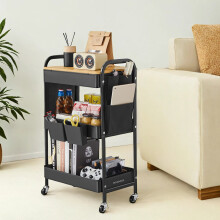 3-Tier Storage Trolley, Rolling Cart with Table Top, 2 Removable Hanging Cups, 6 Side Pockets, Utility Cart for Living Room, Office, Kitchen, Bathroo