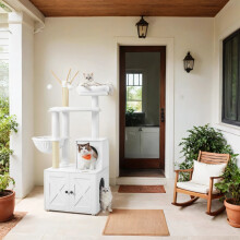 2-in-1 Modern Cat Tower, Cat Condo with Scratching Posts, Removable Pompom Sticks, Washable Cushions, Greige