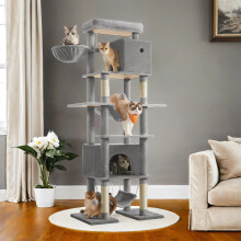 XXL Cat Tower - 201 cm Tall, 4 Scratching Posts, 2 Hammocks, 2 Cat Caves, Light Grey