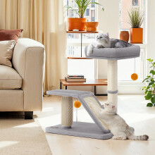 Cat Scratching Post with Bed, Multifunctional Cat Scratcher with Rotatable Scratching Ramp, Perch, Self-Groomer, Pompoms