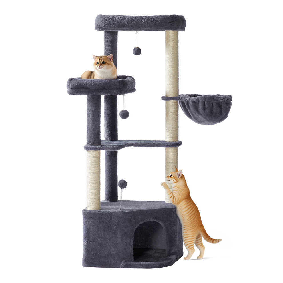 Feandrea Cat Tree Tower, 48.5 X 48.5 X 140.7 Cm, Cat Condo With Large Cave, Large Perches, Scratching Posts, Pompoms, Basket Dark/Grey