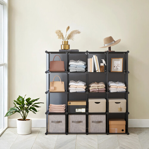 Songmics 16-Cube Storage Unit, Shoe Rack, DIY Shelving System, Stackable Cubes, PP Plastic Shelf, Wardrobe, Closet Divider 2