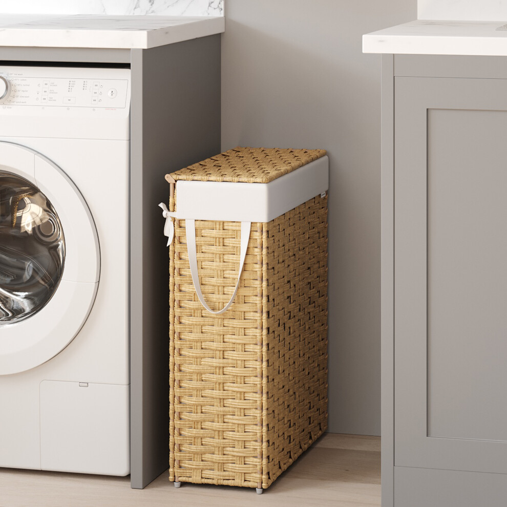 Songmics Slim Laundry Basket, 55L Synthetic Rattan Storage Basket With Lid And Handles, Wicker, Foldable, Removable Liners