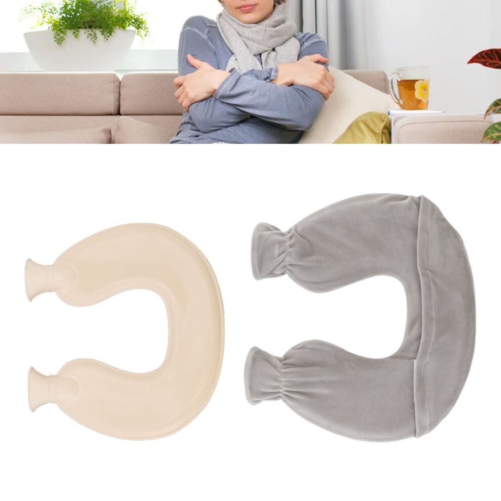 1L Gray U-Shaped Hot Water Bottle with Fluffy Cover for Neck & Shoulders