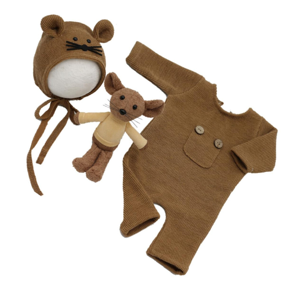 Newborn Photography Props Soft Knit Hat And Mouse Doll Set Newborn Size Photo Shoot Outfit 9393856678655