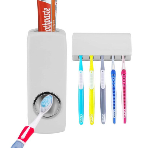 (Default) Automatic Toothpaste Dispenser + 5 Toothbrush Holder Stand Wall Mounted Bathroom Cover