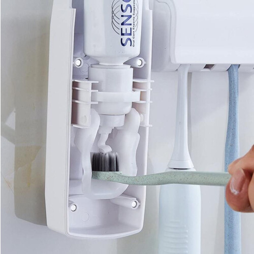 (Default) Automatic Toothpaste Dispenser + 5 Toothbrush Holder Stand Wall Mounted Bathroom Cover 1