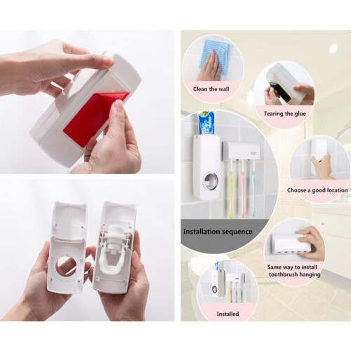 (Default) Automatic Toothpaste Dispenser + 5 Toothbrush Holder Stand Wall Mounted Bathroom Cover 2